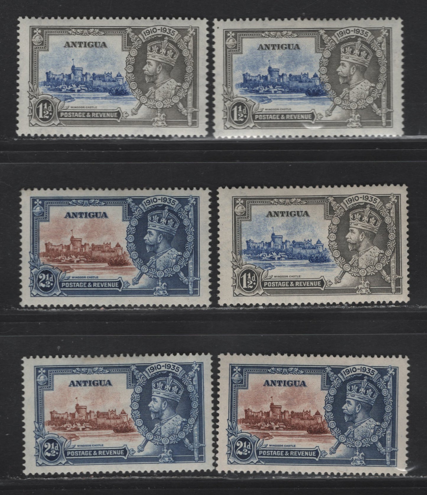 Lot 172 Antigua SG#92-93 1.5d - 2.5d Ultramarine & Gray - Brown & Deep Blue Windsor Castle, 1935 Silver Jubilee Issue, 5 F/VFOG Singles, Showing Different Frame/Vignette Shades