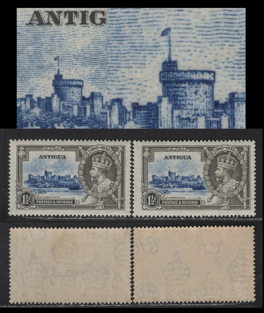Lot 175 Antigua SG#92var 1.5d Deep Gray & Ultramarine Windsor Castle, 1935 Silver Jubilee Issue, 2 VFOG Singles, Showing Broken Flagstaff & Flagstaff Broken Where it Meets The Flag