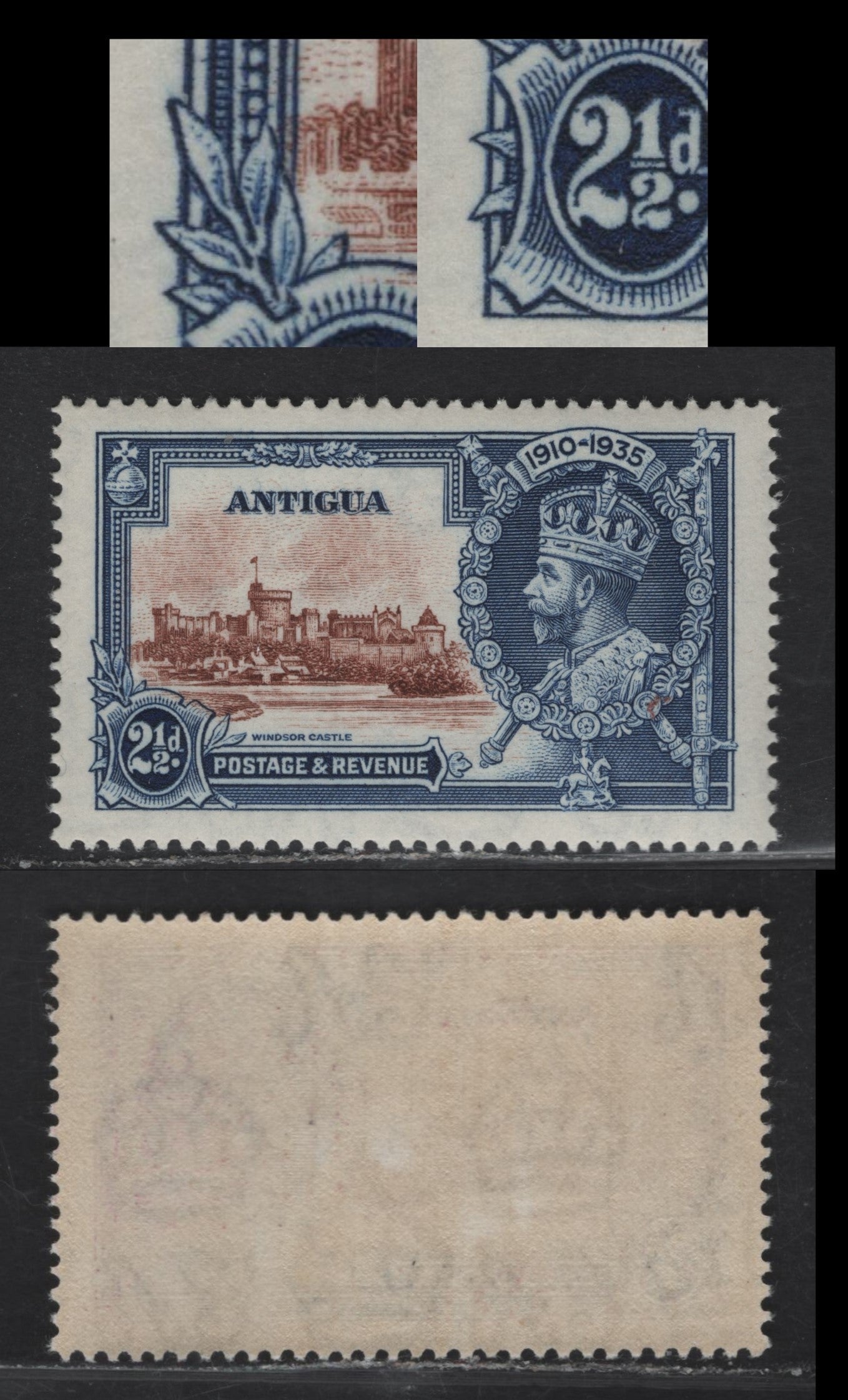 Lot 177 Antigua SG#93var 2.5d Dull Blue & Light Red Brown Windsor Castle, 1935 Silver Jubilee Issue, A VFNH Single, Major Re-Entry Showing Doubling Of The Veins In The Leaves & Some Of The Lines In The Left Value Tablet