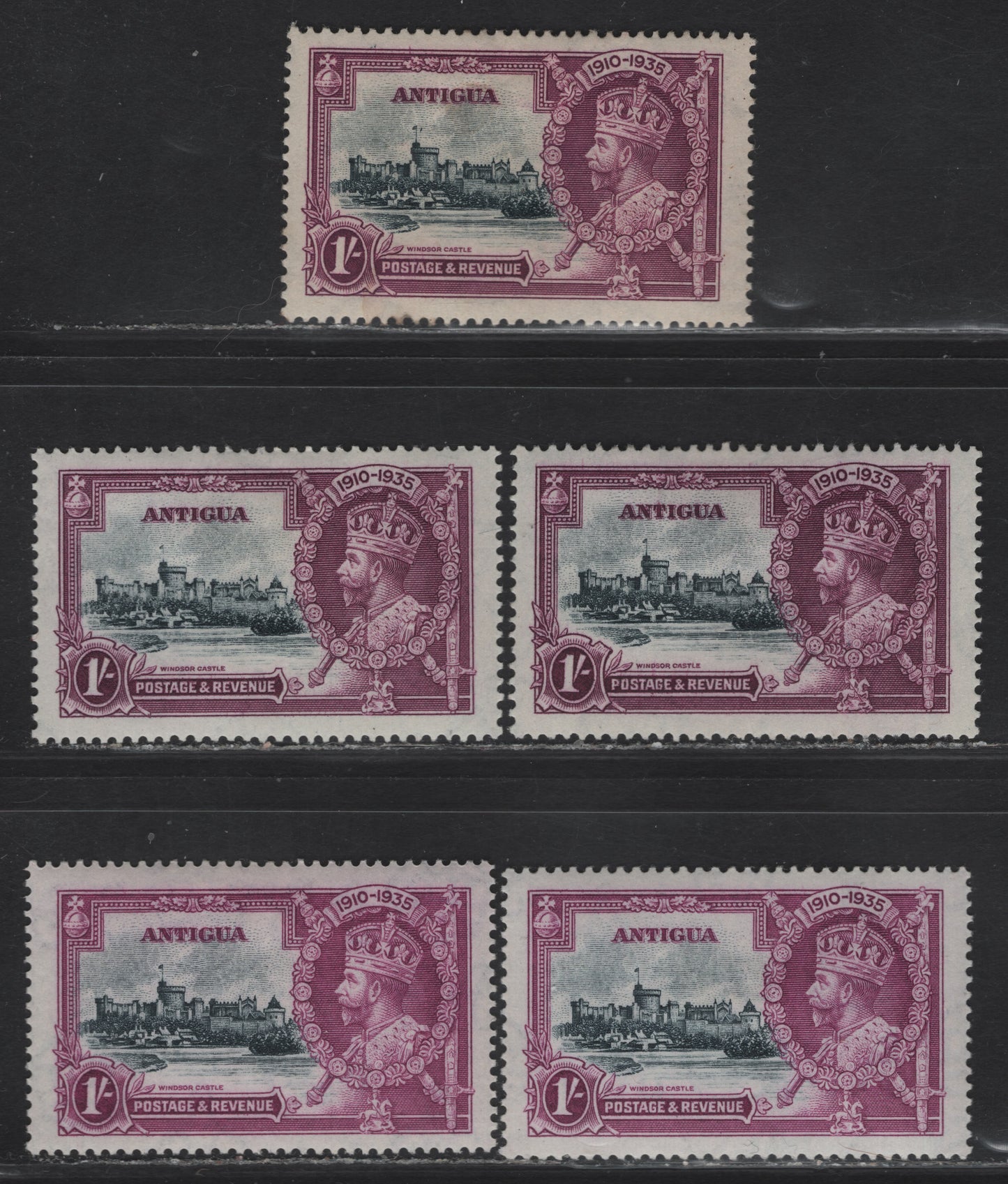 Lot 179 Antigua SG#94 1/- Slate & Purple Windsor Castle, 1935 Silver Jubilee Issue, 5 VFOG Singles, 5 Different Shades