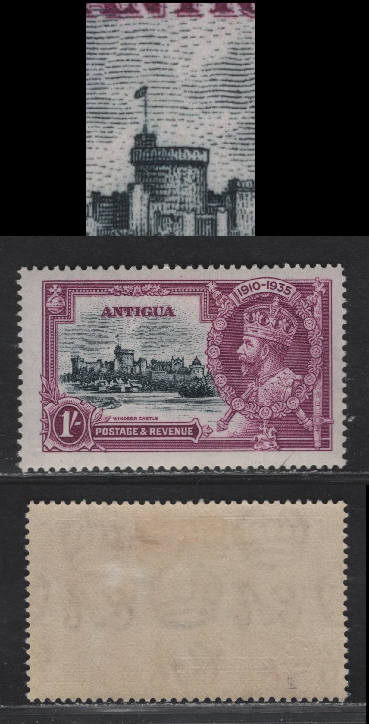 Lot 180 Antigua SG#94var 1/- Slate & Bright Purple Windsor Castle, 1935 Silver Jubilee Issue, A VFOG Single, Showing Broken Flagstaff