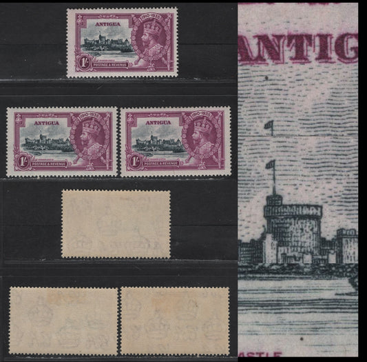 Lot 183 Antigua SG#94var, 1/- Slate & Deep Purple, Windsor Castle, Three F/VF OG Singles Showing Unlisted Varieties of The Vignette Plate