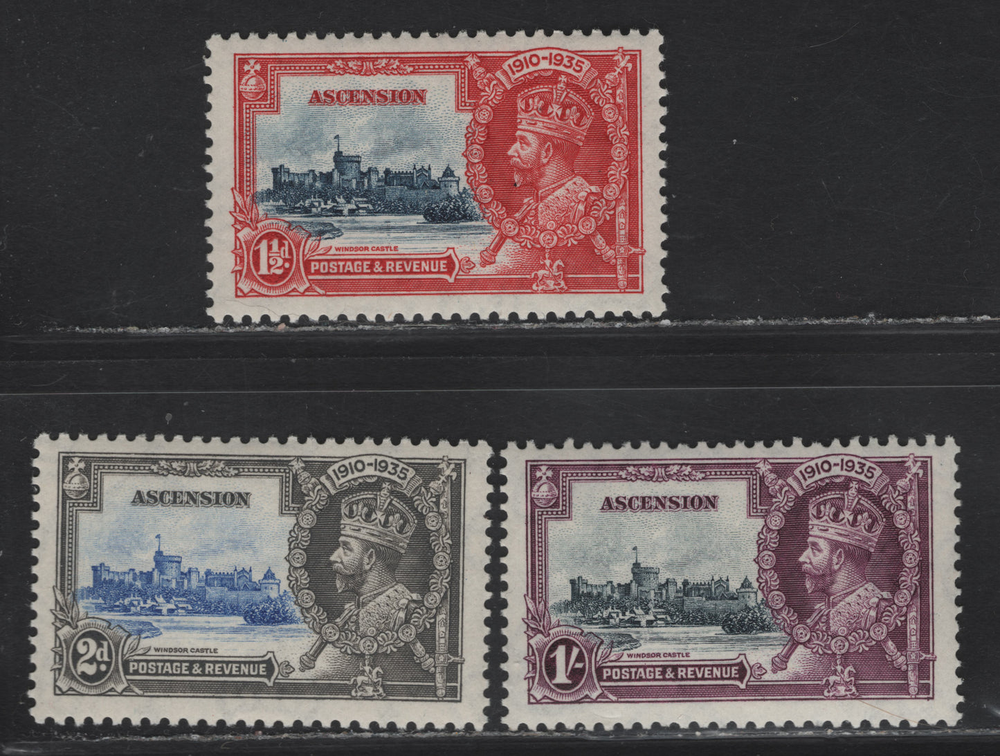 Lot 186 Ascension SG#31-32, 34 1.5d - 1/- Deep Blue & Scarlet - Gray & Ultramarine Windsor Castle, 1935 Silver Jubilee Issue, 3 VFNH Singles , ,