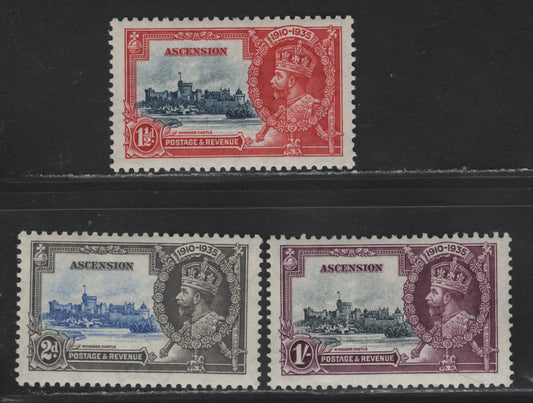 Lot 186 Ascension SG#31-32, 34 1.5d - 1/- Deep Blue & Scarlet - Gray & Ultramarine Windsor Castle, 1935 Silver Jubilee Issue, 3 VFNH Singles , ,