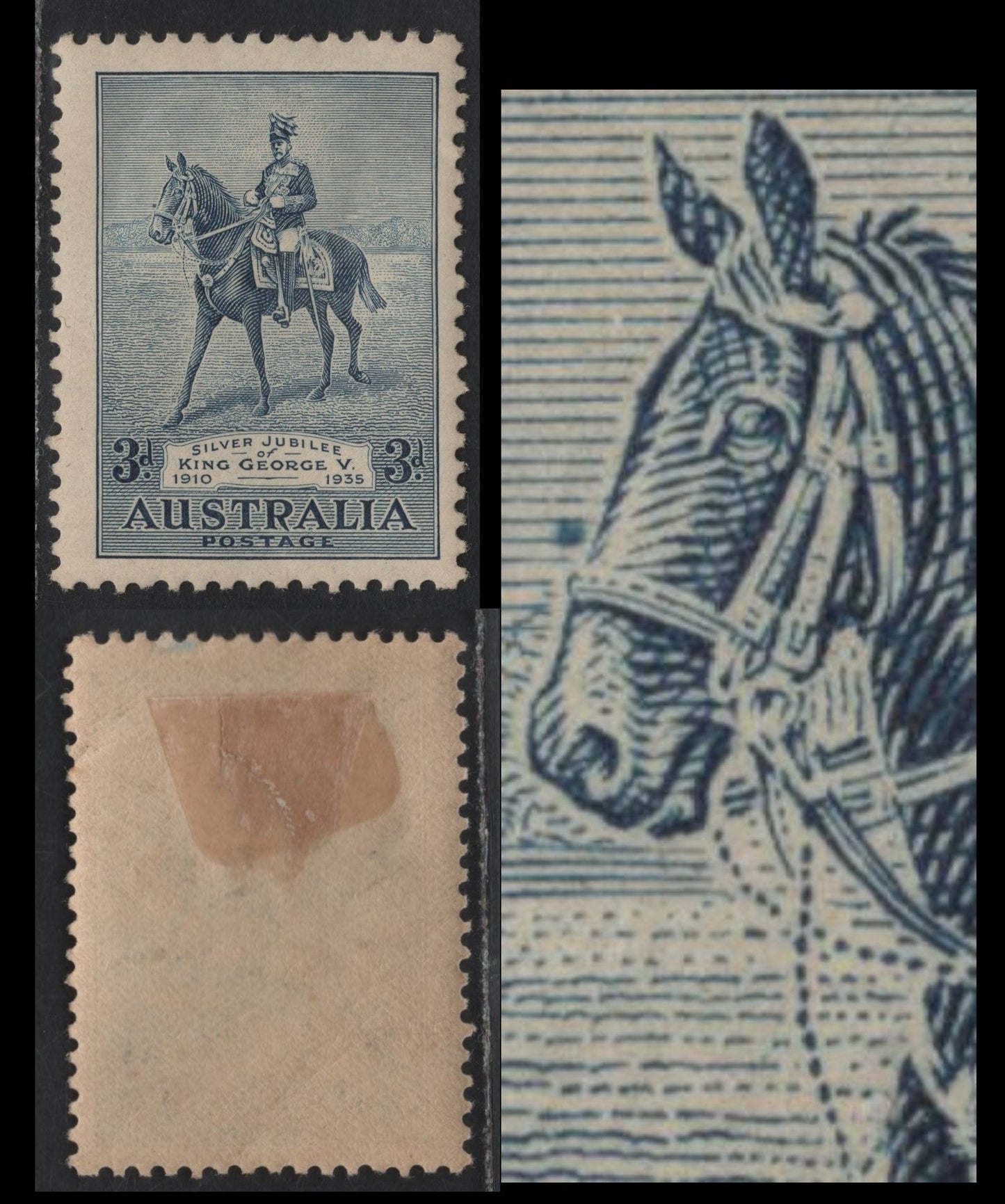 Lot 189 Australia SG#157var 3d Blue King George V On Anzac, 1935 Silver Jubilee Issue, A FOG Single, Showing Fly In Front Of Horses Head