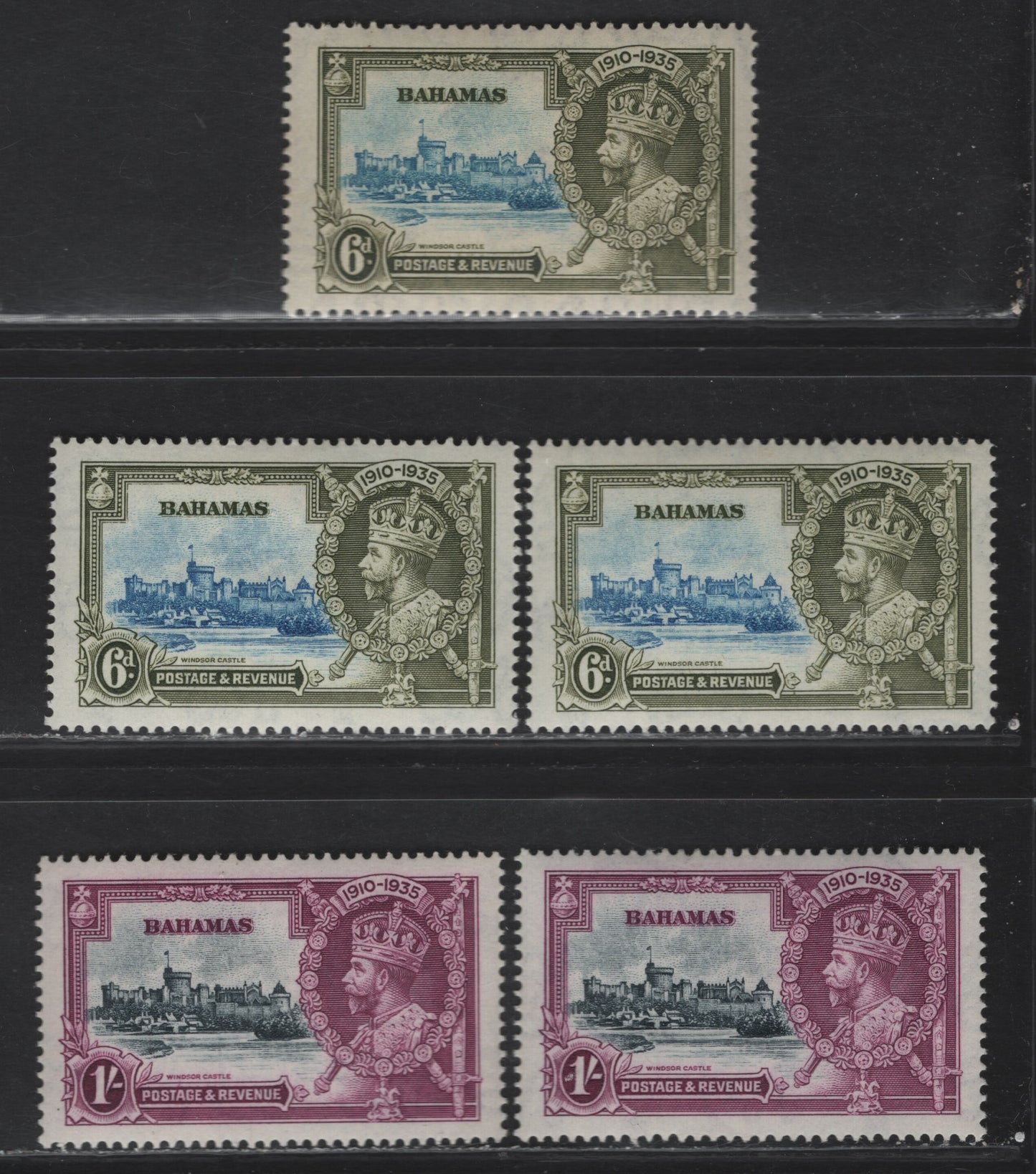 Lot 194 Bahamas SG#143-144 6d - 1/- Light Blue & Olive - Slate & Purple Windsor Castle, 1935 Silver Jubilee Issue, 5 VFOG Singles, Showing Different Frame/Vignette Shades