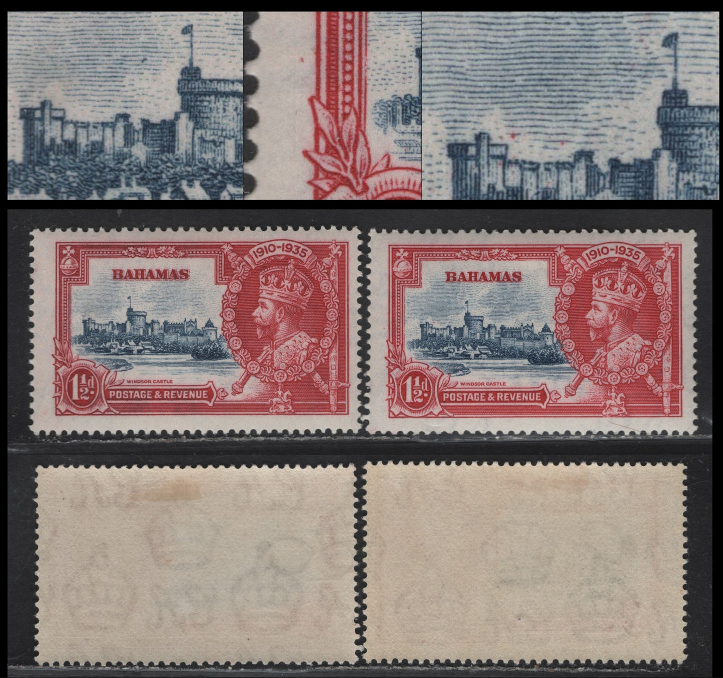 Lot 195 Bahamas SG#141var 1d Deep Blue & Carmine Windsor Castle, 1935 Silver Jubilee Issue, 2 F/VFOG Singles, Minor Unlisted Varietes Of The Frame & Vignette
