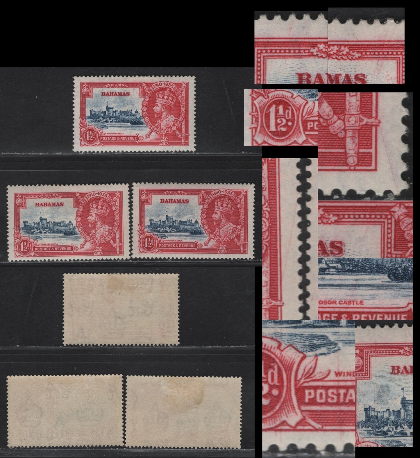 Lot 196 Bahamas SG#141var 1d Deep Blue & Carmine Windsor Castle, 1935 Silver Jubilee Issue, 3 F/VFOG Singles, Showing Plate Scratches/Cracks