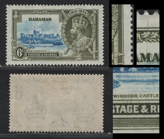 Lot 198 Bahamas SG#143var 6d Light Blue & Olive Green Windsor Castle, 1935 Silver Jubilee Issue, A VFOG Single, Showing Diagonal Scratches Resulting From Cracks In Both The Frame & Vignette Plate