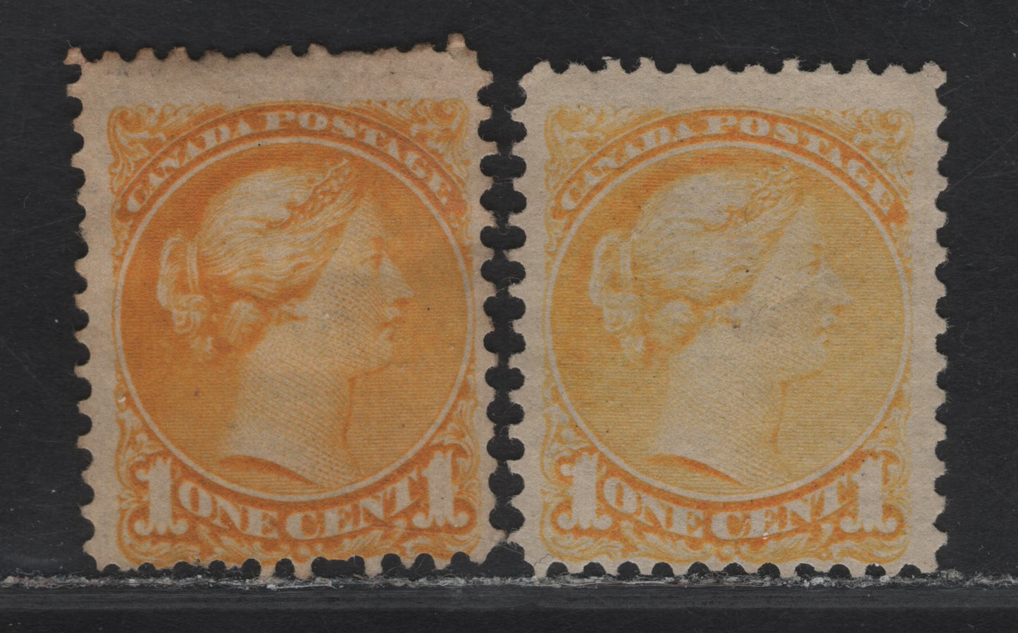 Lot 20 (C) Canada #35i, 35 1c Deep Yellow - Very Pale Yellow Queen Victoria, 1870-1893 Small Queen Issue, 2 Very Good/Fine Unused Singles, Late Montreal & Second Ottawa Printings, Papers MM-G & 2O-HH, Perf 12.