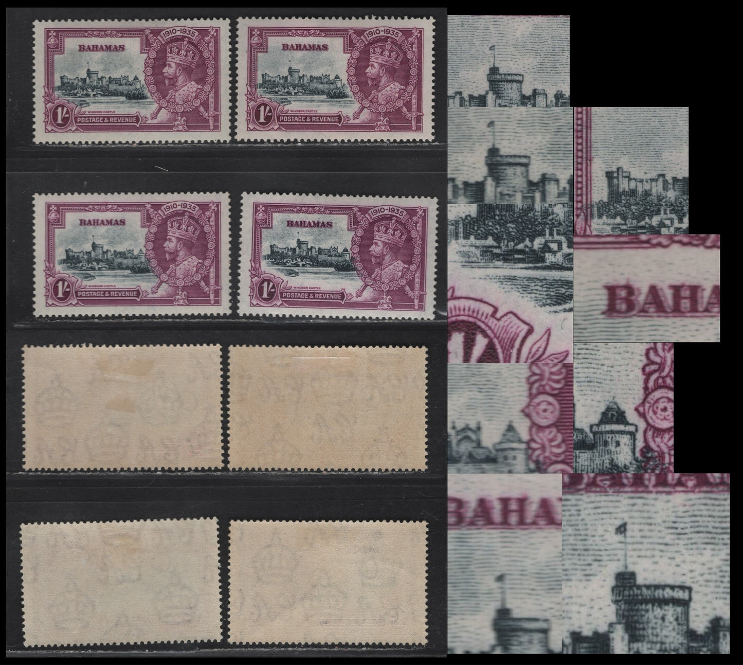 Lot 201 Bahamas SG#144var 1/- Slate & Purple Windsor Castle, 1935 Silver Jubilee Issue, 3 VFOG Singles, Showing Weak Flagstaff & Other Varieties Involving The Vignette Plate & Frame Plate