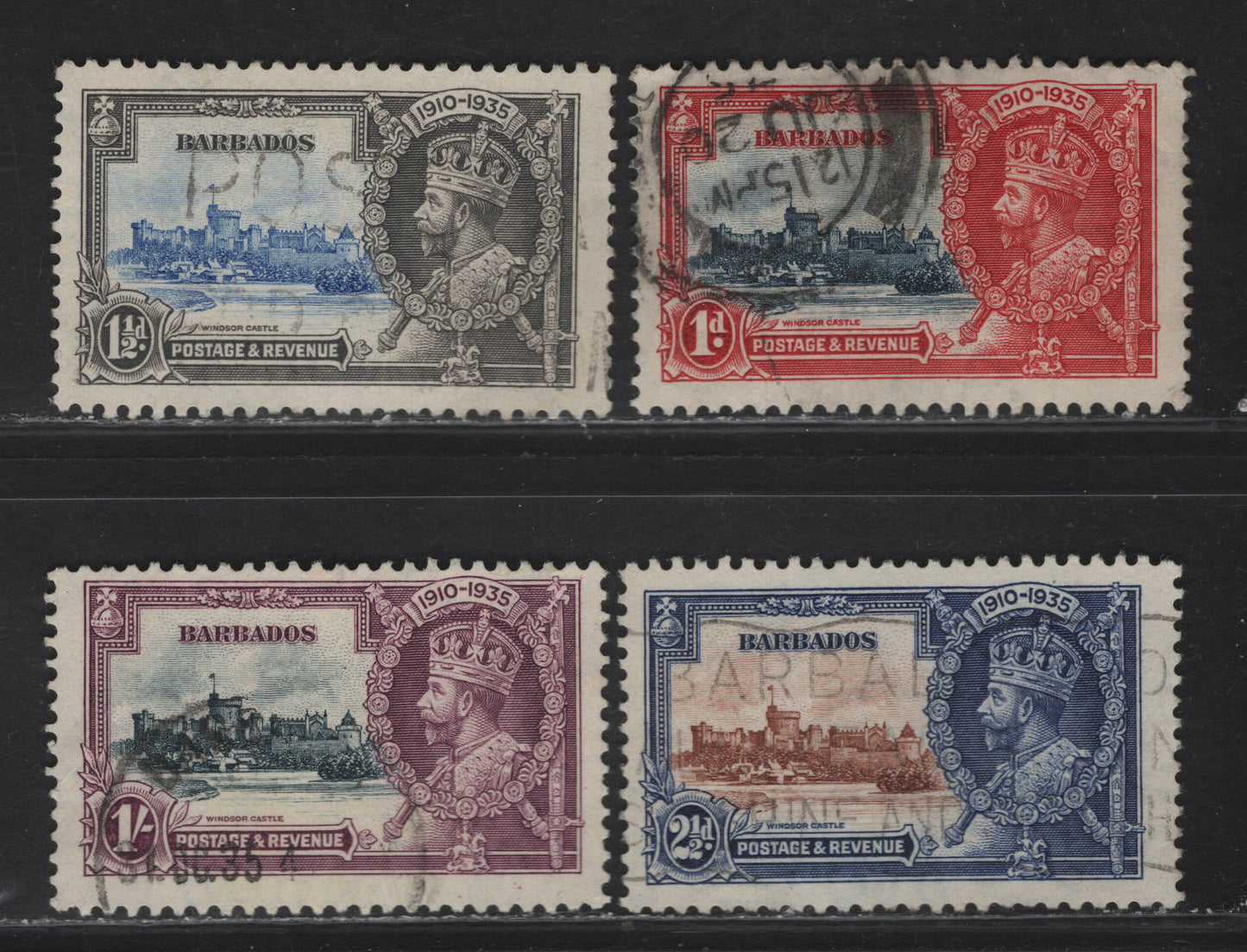 Lot 204 (C) Barbados SG#241-244 1d - 1/- Deep Blue & Scarlet - Slate & Purple Windsor Castle, 1935 Silver Jubilee Issue, 4 Fine Used Singles
