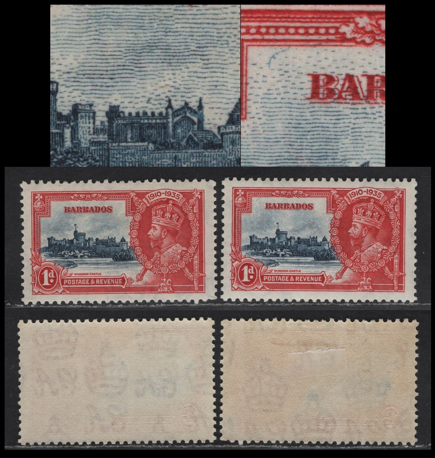 Lot 205 Barbados SG#241var 1d Deep Blue & Scarlet Windsor Castle, 1935 Silver Jubilee Issue, 2 VFOG Singles, Showing Possible Constant, Unlisted Varieties Involving The Vignette Plate & Frame Plate