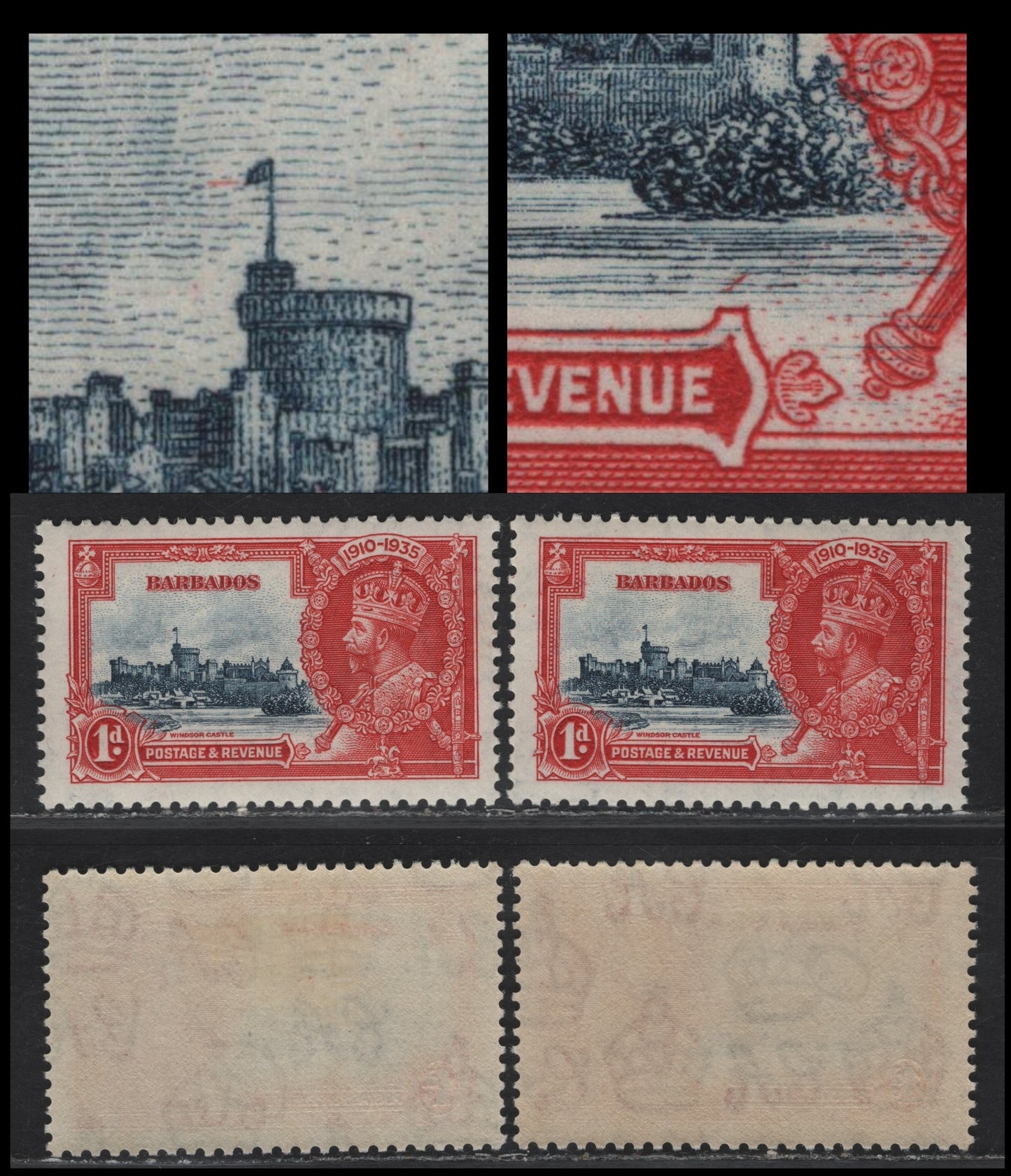 Lot 206 Barbados SG#241var 1d Deep Blue & Carmine Windsor Castle, 1935 Silver Jubilee Issue, 2 VFOG Singles, Showing Examples of Possibly Constant Varieties Involving The Frame Plate