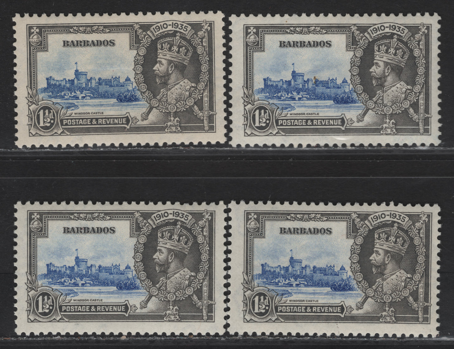 Lot 207 Barbados SG#242 1.5d Ultramarine & Gray Windsor Castle, 1935 Silver Jubilee Issue, 4 FNH/VFOG Singles, Each Showing A Slighty Different Shade Of The Ultramarine Center