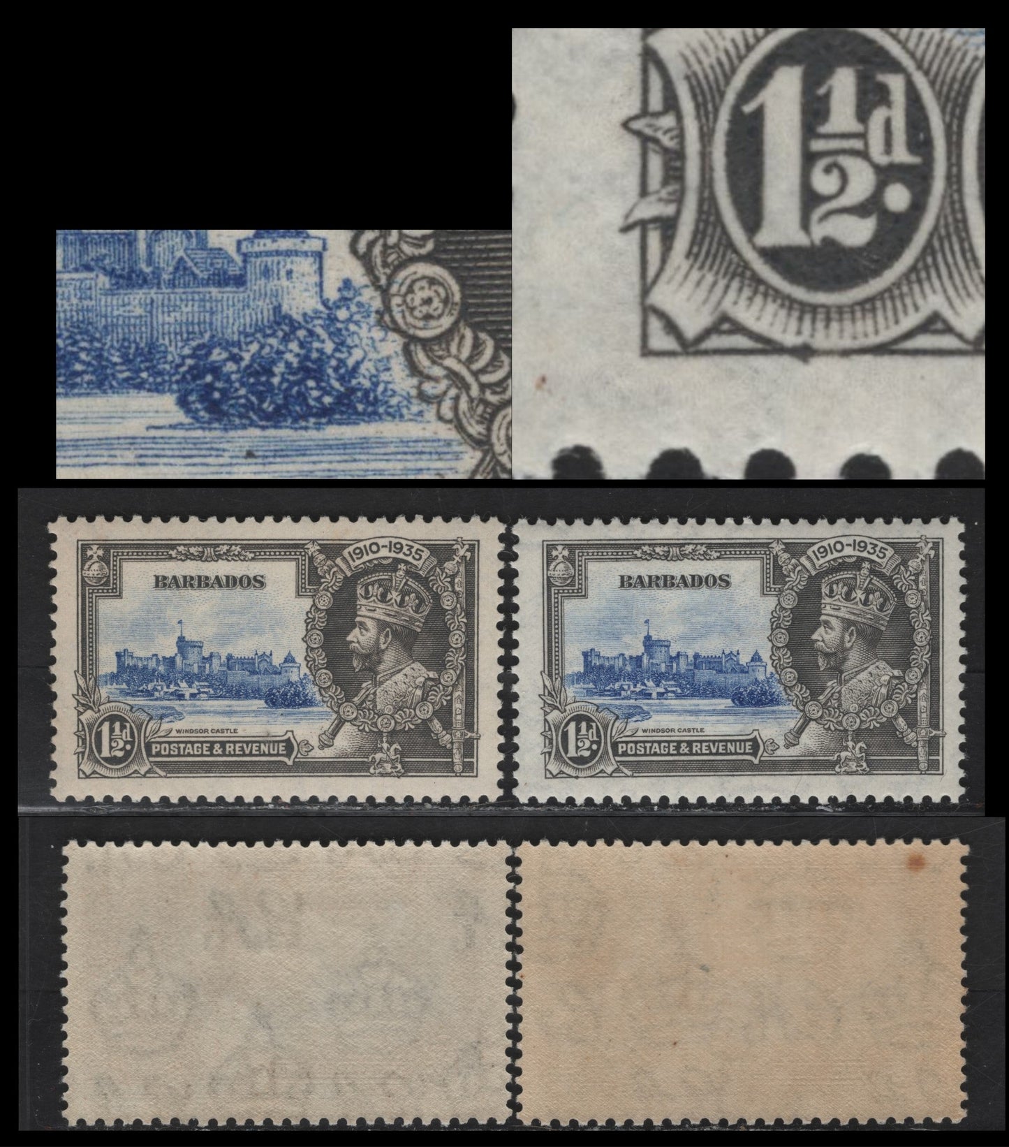 Lot 208 Barbados SG#242var 1.5d Ultramarine & Gray Windsor Castle, 1935 Silver Jubilee Issue, 2 VFNH/OG Singles, Two Examples With Potentially Constant Varieties Involving The Frame Plate As Follows