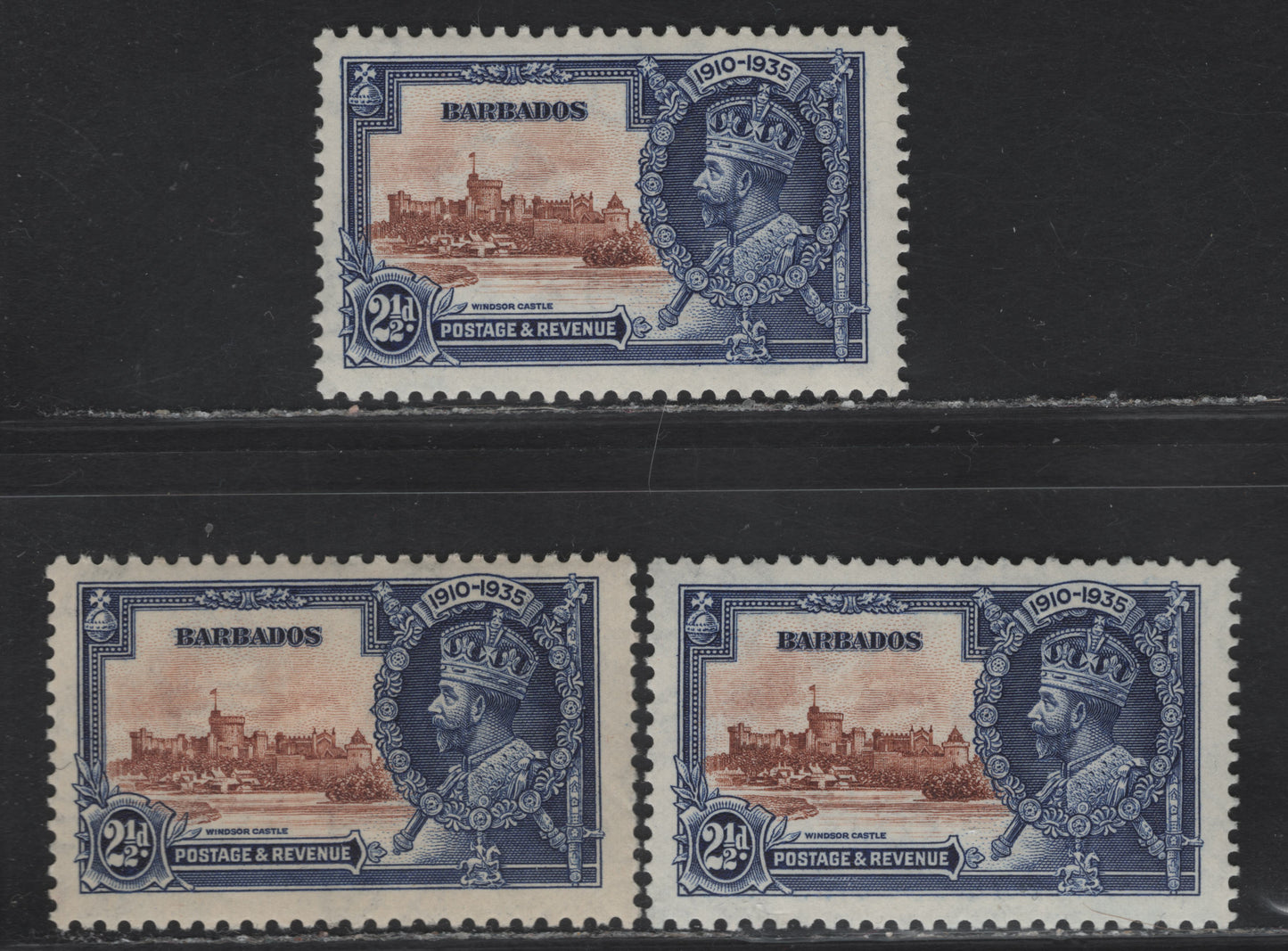 Lot 209 Barbados SG#243 2.5d Brown & Deep Blue Windsor Castle, 1935 Silver Jubilee Issue, 3 VFOG Singles, 3 Examples Showing Different Combinations of Frame & Vignette Shades