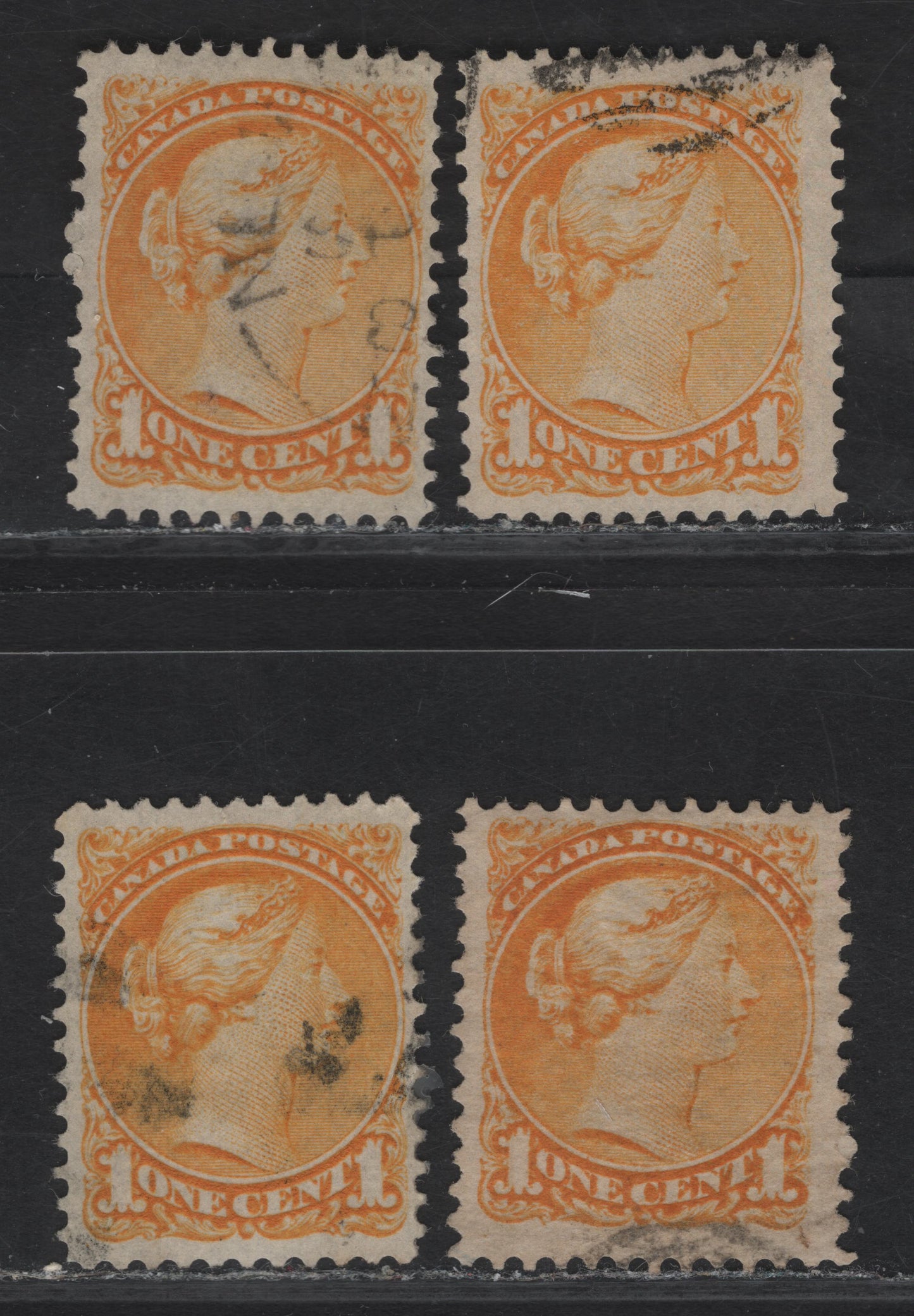 Lot 21 (C) Canada #35i 1c Yellow - Deep yellow Queen Victoria, 1870-1893 Small Queen Issue, 4 Fine/Very Fine Used Singles, Late Montreal Printings, Papers MM-X, LM-O & LM-F, Perfs 12.2x12.25 & 12.