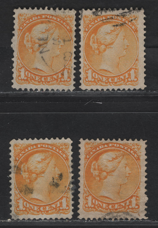 Lot 21 (C) Canada #35i 1c Yellow - Deep yellow Queen Victoria, 1870-1893 Small Queen Issue, 4 Fine/Very Fine Used Singles, Late Montreal Printings, Papers MM-X, LM-O & LM-F, Perfs 12.2x12.25 & 12.