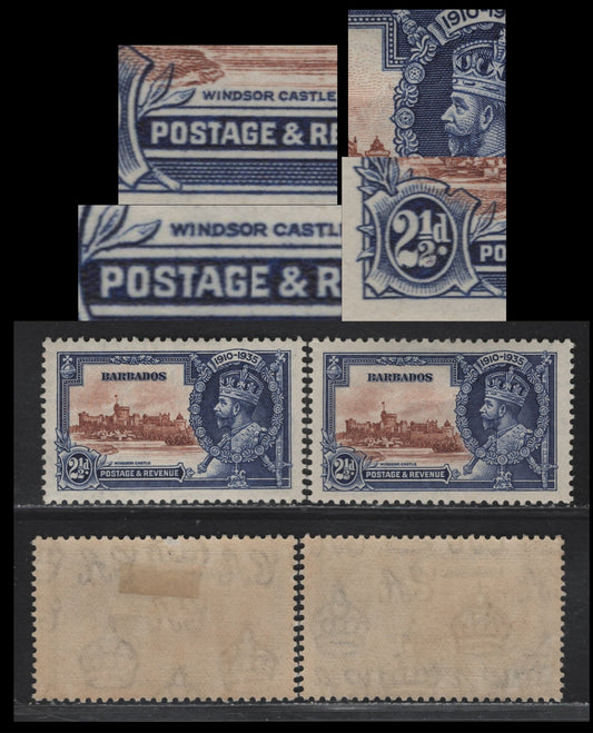 Lot 210 Barbados SG#243var 2.5d Brown & Deep Blue Windsor Castle, 1935 Silver Jubilee Issue, 2 VFOG Singles, Showing Re-Entry Involving Doubling W of Windsor, Two Slightly Different Doubling