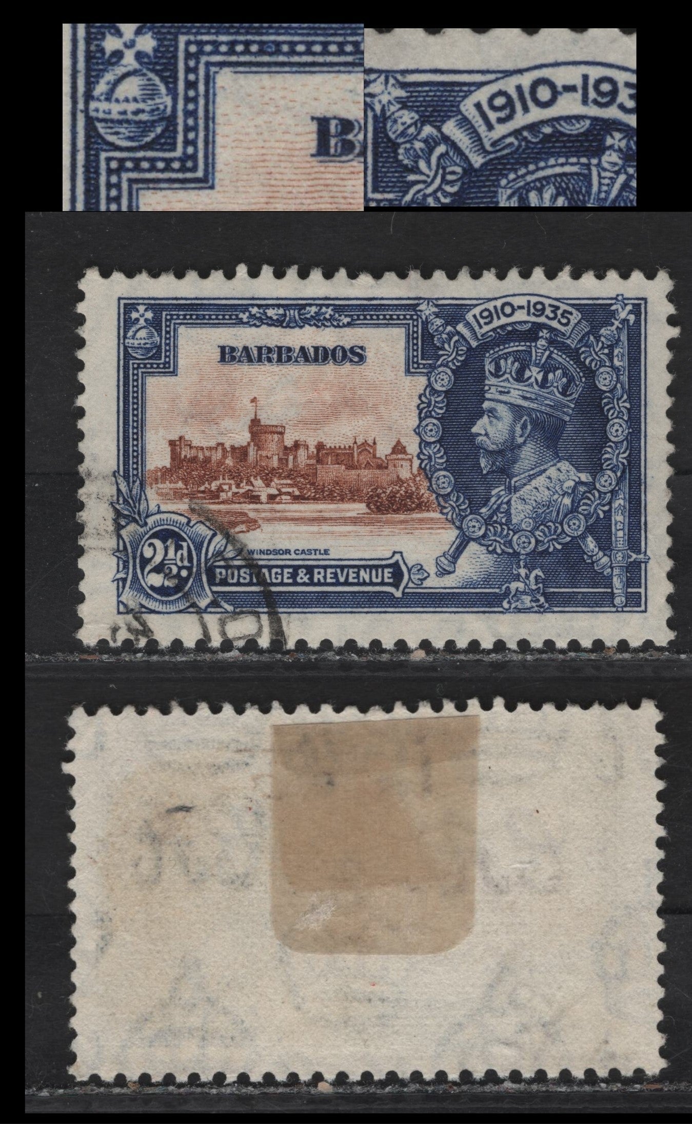 Lot 214 Barbados SG#243var 2.5d Brown & Deep Blue Windsor Castle, 1935 Silver Jubilee Issue, A Very Fine Used Single, Showing Inverted Q for O in 1910 & Framebreak Of Inner Frameline In UL Corner, Normal Vignette
