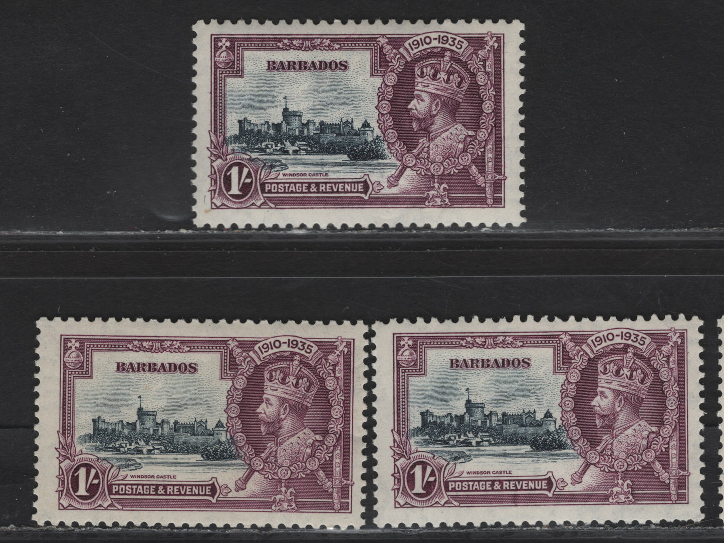 Lot 215 Barbados SG#244 1/- Slate & Dull Purple Windsor Castle, 1935 Silver Jubilee Issue, 3 F/VFOG Singles, Each With A Different Shade Of The Slate In Center, Two Stamps Having A Lighter Shade of the Dull Purple