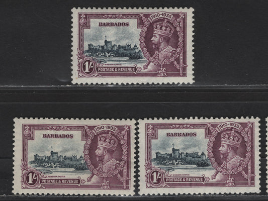 Lot 215 Barbados SG#244 1/- Slate & Dull Purple Windsor Castle, 1935 Silver Jubilee Issue, 3 F/VFOG Singles, Each With A Different Shade Of The Slate In Center, Two Stamps Having A Lighter Shade of the Dull Purple