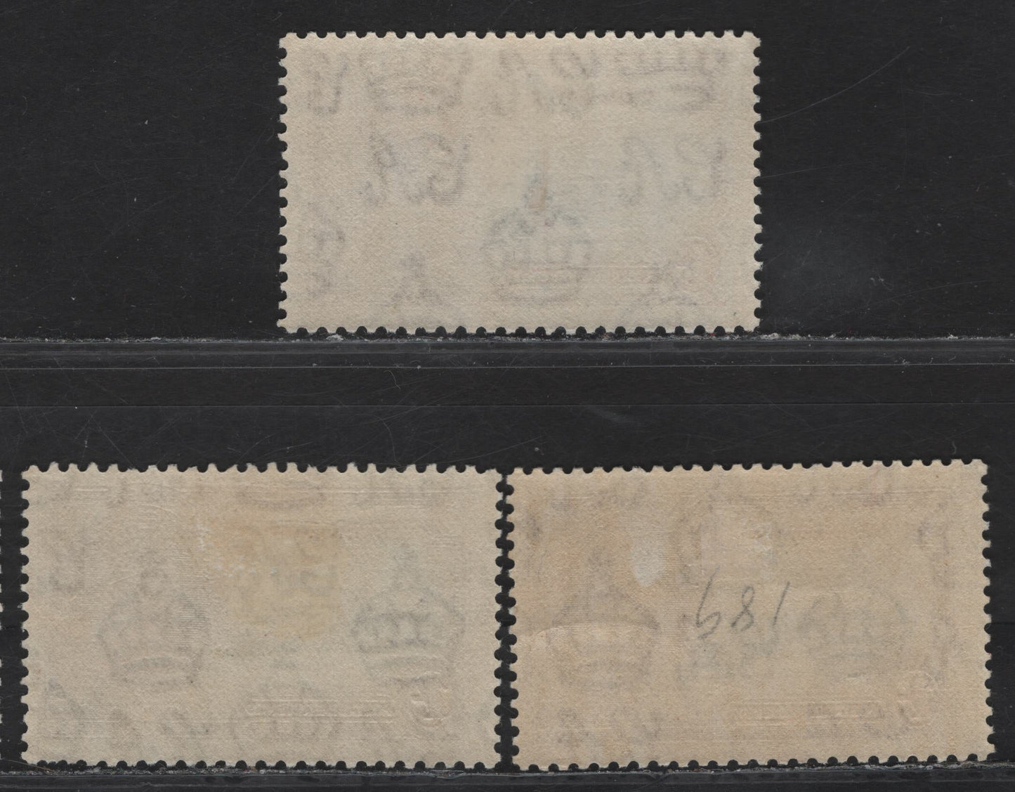 Lot 215 Barbados SG#244 1/- Slate & Dull Purple Windsor Castle, 1935 Silver Jubilee Issue, 3 F/VFOG Singles, Each With A Different Shade Of The Slate In Center, Two Stamps Having A Lighter Shade of the Dull Purple