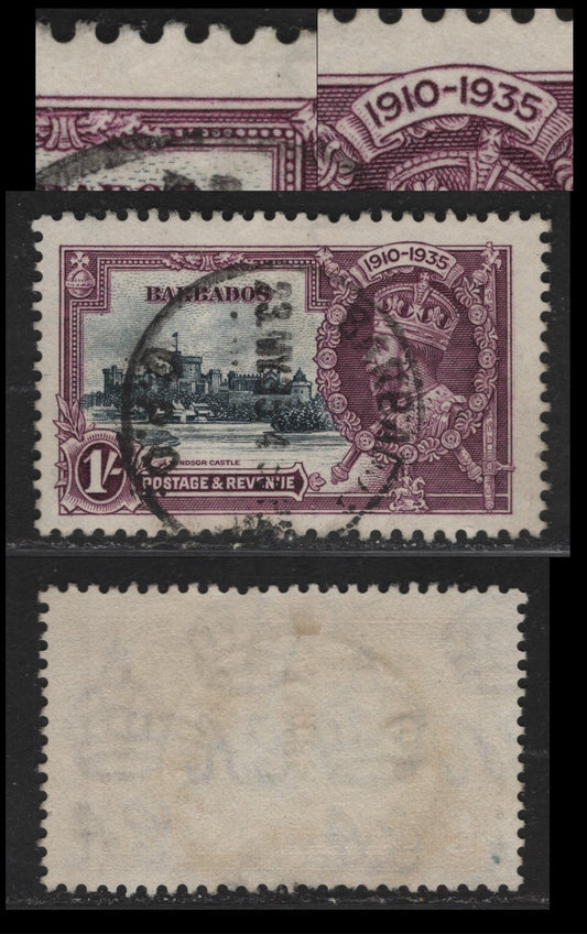 Lot 219 Barbados SG#244var 1/- Slate & Dull Purple Windsor Castle, 1935 Silver Jubilee Issue, A Fine Used Single, Re-Entry In 1910-1935 & Shading In Upper Panel, Normal Vignette, Dot IN Slag Below Orb.