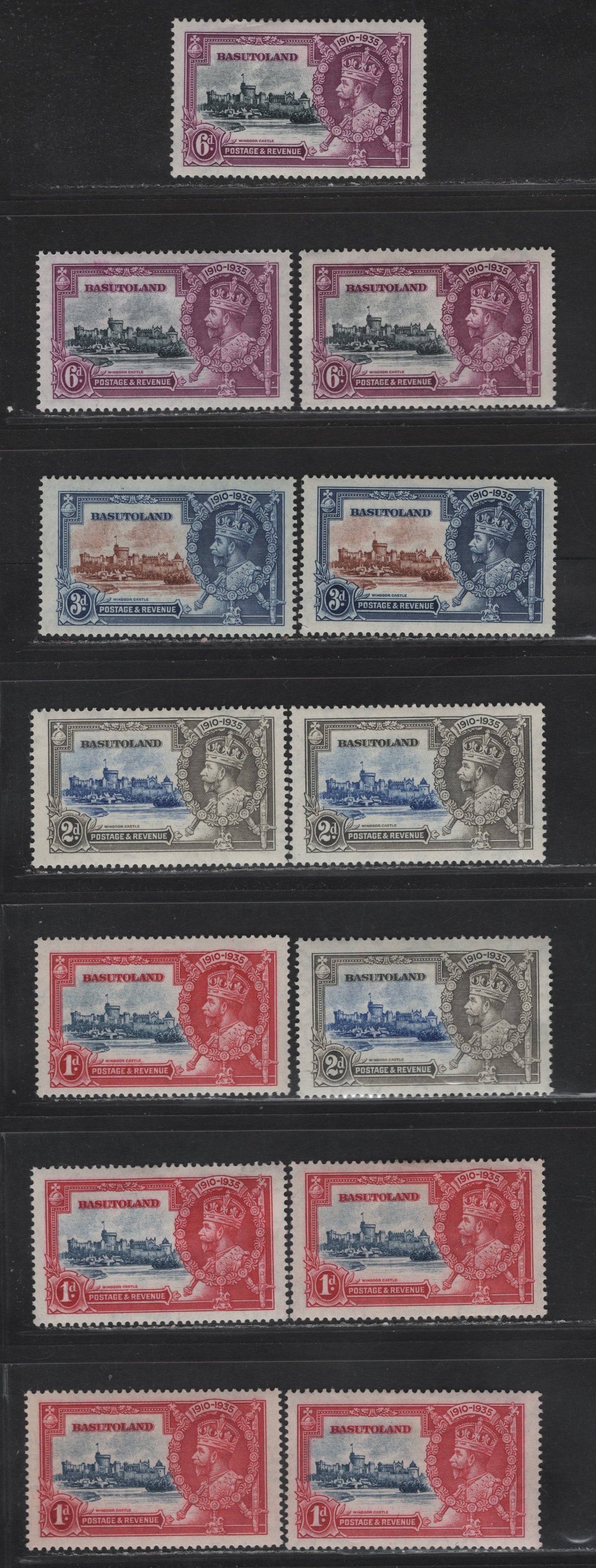 Lot 222 Basutoland SG#11-14 1d - 6d Deep Blue & Carmine - Slate & Purple Windsor Castle, 1935 Silver Jubilee Issue, 13 VFOG Singles, Demonstrating The Range Of Frame & Vignette Shades In Which These Stamps ARe Found