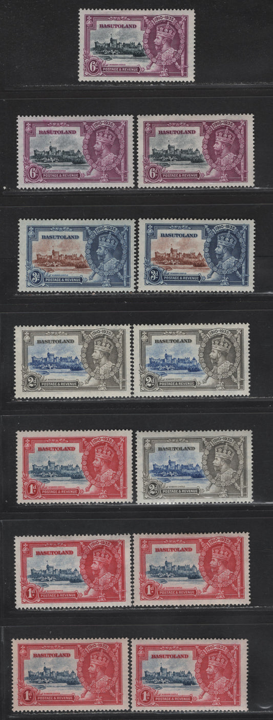 Lot 222 Basutoland SG#11-14 1d - 6d Deep Blue & Carmine - Slate & Purple Windsor Castle, 1935 Silver Jubilee Issue, 13 VFOG Singles, Demonstrating The Range Of Frame & Vignette Shades In Which These Stamps ARe Found