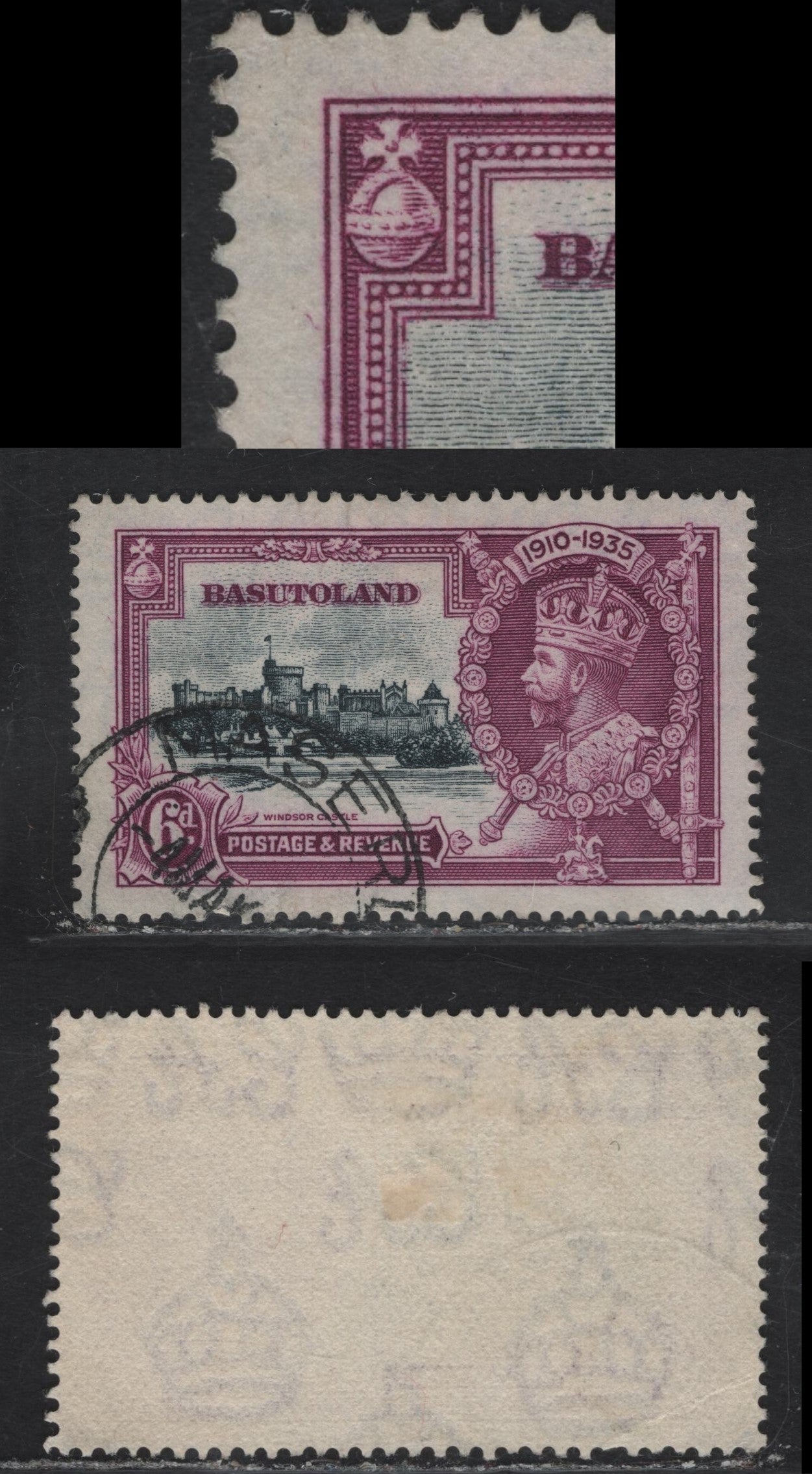 Lot 223 Basutoland SG#14var 6d Slate & Bright Purple Windsor Castle, 1935 Silver Jubilee Issue, A Very Fine Used Single, Diagonal Slash In Left Margin Near Top