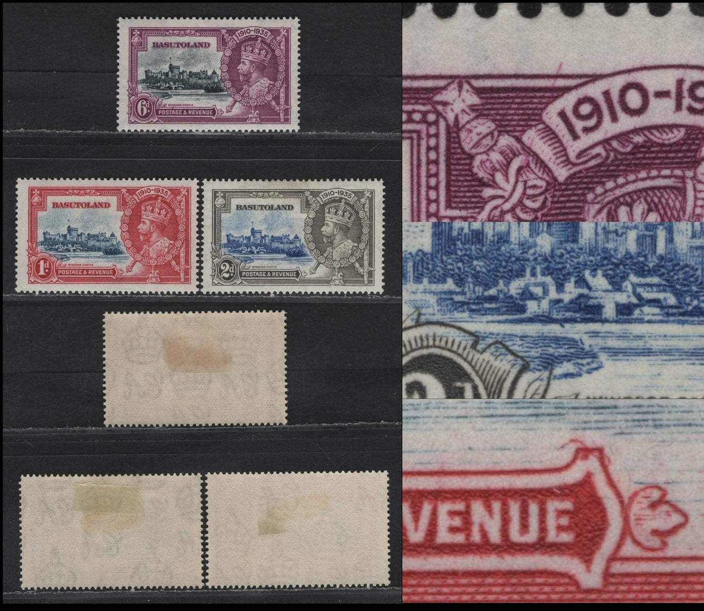 Lot 224 Basutoland SG#11-12, 14 1d - 6d Deep Blue & Carmine - Slate & Bright Purple Windsor Castle, 1935 Silver Jubilee Issue, 3 F/VFOG Singles, All With Varieties Involving The Frame Plate