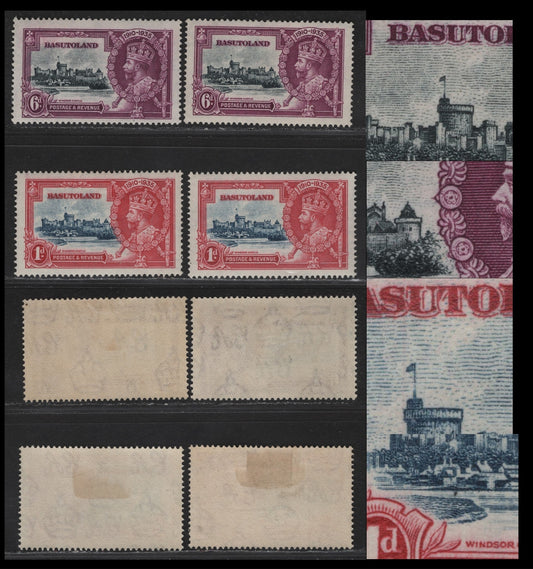 Lot 225 Basutoland SG#11, 14 1d - 6d Deep Blue & Carmine - Slate & Bright Purple Windsor Castle, 1935 Silver Jubilee Issue, 4 F/VFOG Singles, Showing Constant Varieties Involving The Vignette Plate
