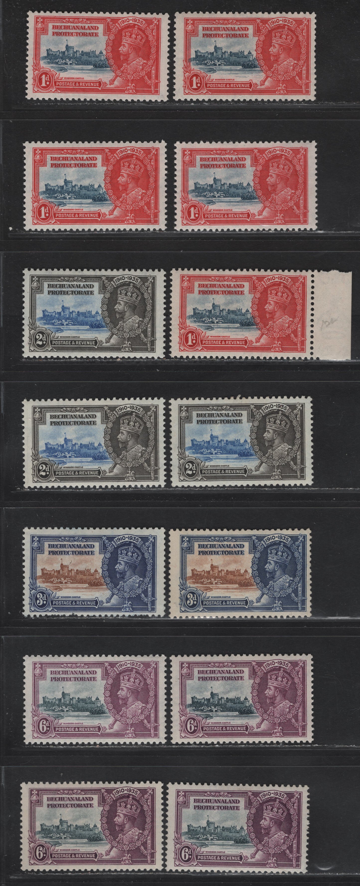 Lot 227 Bechuanaland Protectorate SG#111-114 1d - 6d Deep Blue & Scarlet - Slate & Purple Windsor Castle, 1935 Silver Jubilee Issue, 14 F/VFOG/NH Singles, Shade Lot, Showing Range of Frame & Vignette Shades