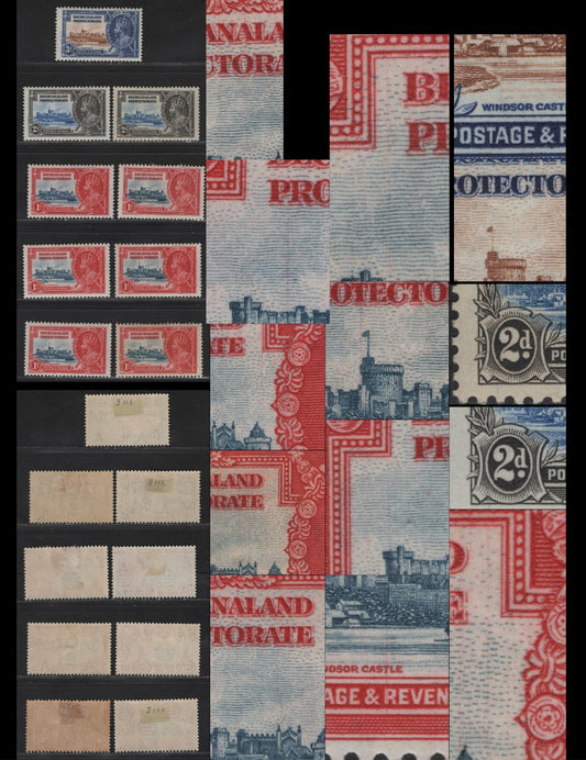 Lot 232 Bechuanaland Protectorate SG#111-113 1d - 3d Gray Blue & Scarlet - Yellow Brown & Deep Blue Windsor Castle, 1935 Silver Jubilee Issue, 9 F/VFOG Singles, All Showing Vertical Hairlines In Various Locations In The Frame Plate Colors