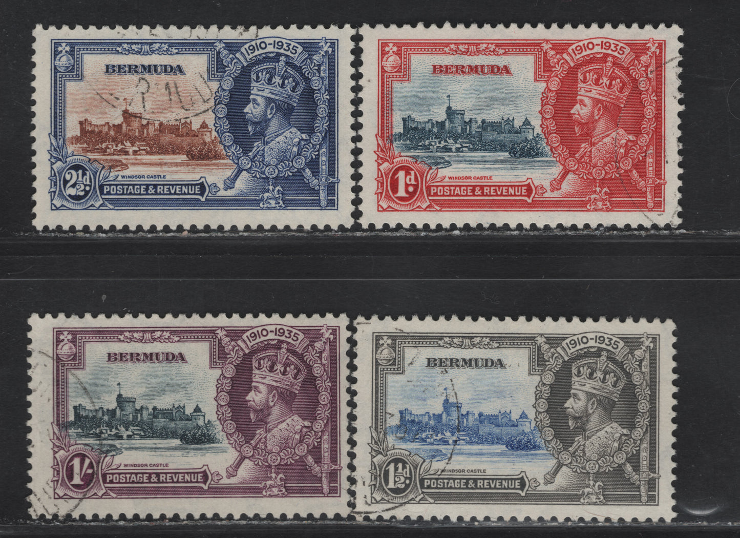 Lot 233 Bermuda SG#94-97 1d - 1/- Deep Blue & Scarlet - Slate & Plum Windsor Castle, 1935 Silver Jubilee Issue, 4 Fine/Very Fine Used Singles