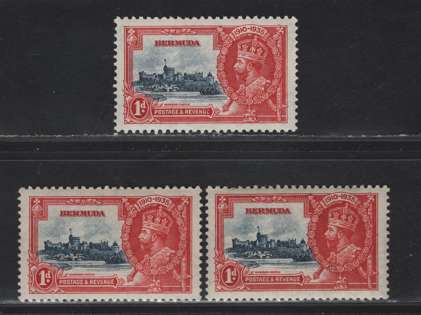 Bermuda SG#94 1d Gray Blue & Scarlet Windsor Castle, 1935 Silver Jubilee Issue, 3 VFNH Singles, Three Different Shades Of Gray Blue In the Center