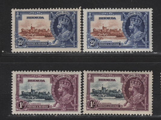 Lot 237 Bermuda SG#96-97 2.5d - 1/- Yellow Brown & Deep Blue/Deep Bright Blue, Slate & Plum and Deep Slate & Plum Windsor Castle, 1935 Silver Jubilee Issue, 4 VFNH Singles, Two Different Shades Of Each Value