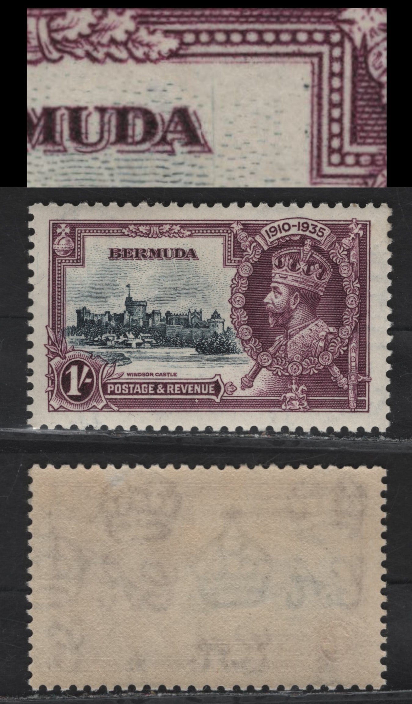 Lot 238 Bermuda SG#97var 1/- Slate & Plum Windsor Castle, 1935 Silver Jubilee Issue, A VFNH Single, Showing Partial Unerased Guideline To Right Of A Of Bermuda