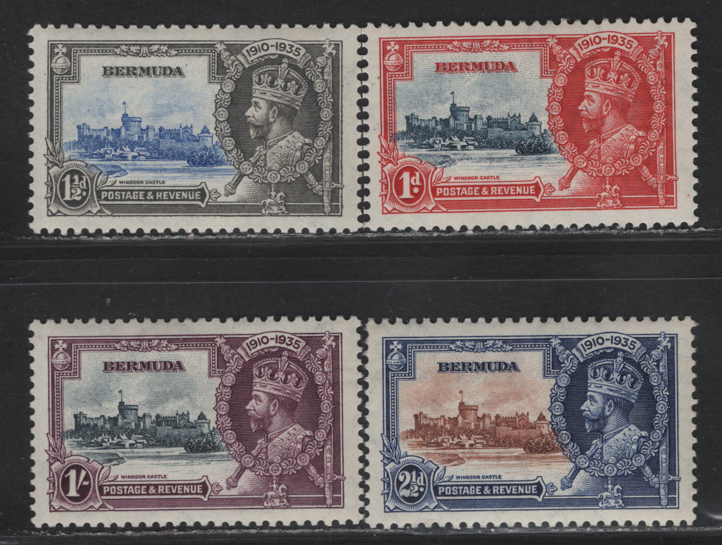 Lot 239 (C) Bermuda SG#94-97 1d - 1/- Deep Gray Blue & Scarlet - Slate & Plum Windsor Castle, 1935 Silver Jubilee Issue, 4 VFOG Singles, Hinged Set