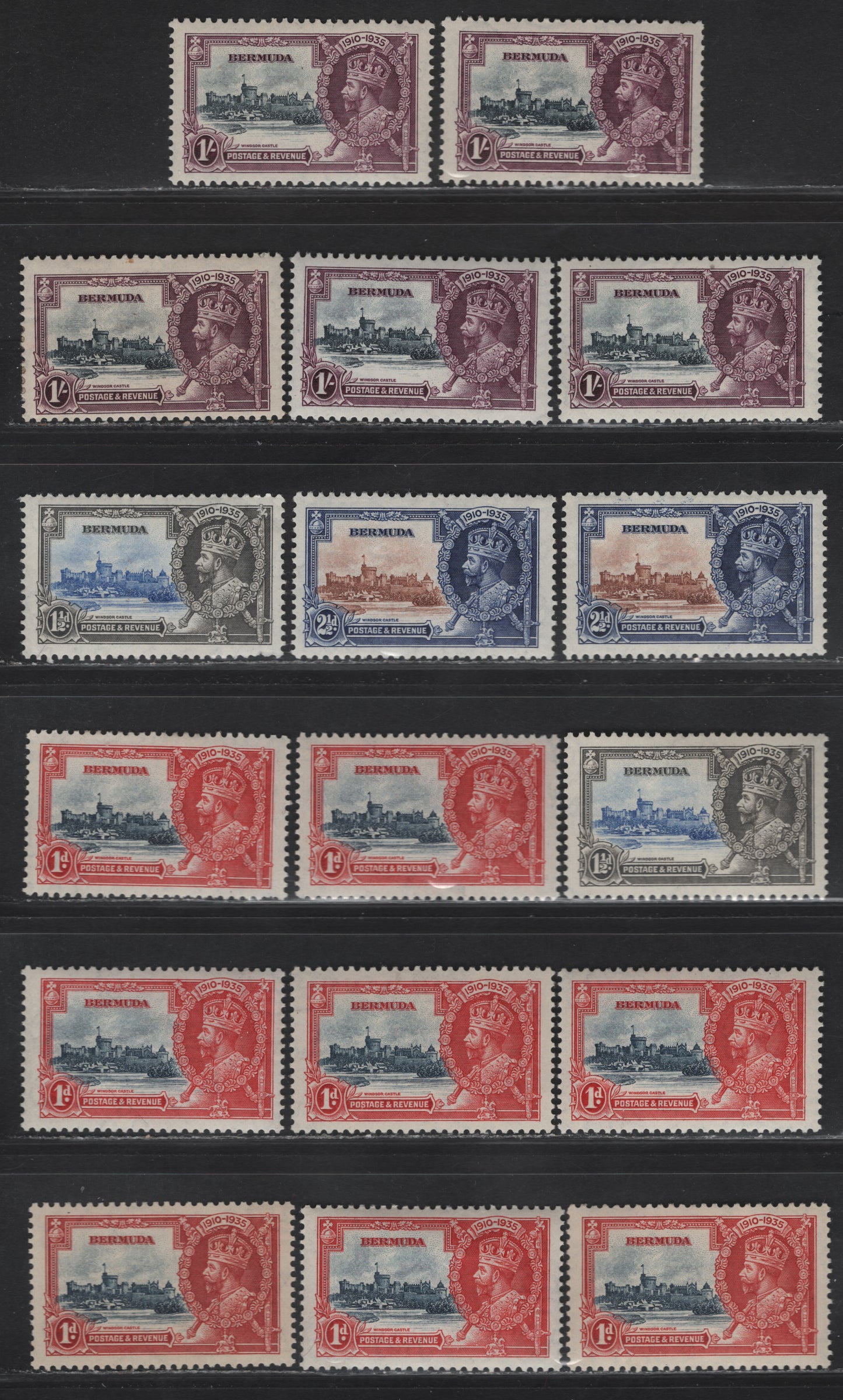 Lot 240 Bermuda SG#94-97 1d - 1/- Deep Gray Blue & Scarlet - Slate & Deep Plum Windsor Castle, 1935 Silver Jubilee Issue, 17 F/VFOG Singles, Shade Lot Showing A Representative Group Of The Different Frame & Vignette Shades
