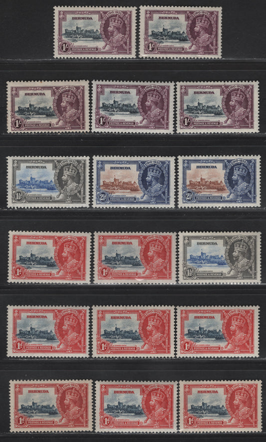 Lot 240 Bermuda SG#94-97 1d - 1/- Deep Gray Blue & Scarlet - Slate & Deep Plum Windsor Castle, 1935 Silver Jubilee Issue, 17 F/VFOG Singles, Shade Lot Showing A Representative Group Of The Different Frame & Vignette Shades