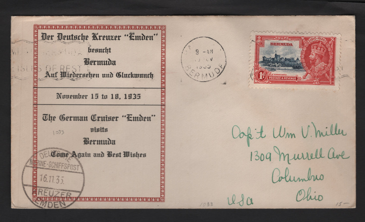 Lot 241 Bermuda SG#94 1d Deep Gray Blue & Scarlet Windsor Castle, 1935 Silver Jubilee Issue, A Very Fine Used Single On Cover, Souvenir Cover For The German Cruiser 'Emden', Addressed To USA, Pay 1d Unsealed Rate.