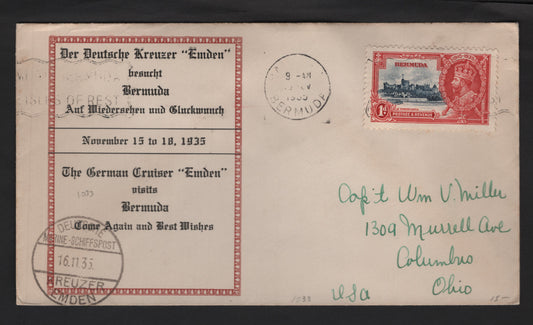 Lot 241 Bermuda SG#94 1d Deep Gray Blue & Scarlet Windsor Castle, 1935 Silver Jubilee Issue, A Very Fine Used Single On Cover, Souvenir Cover For The German Cruiser 'Emden', Addressed To USA, Pay 1d Unsealed Rate.