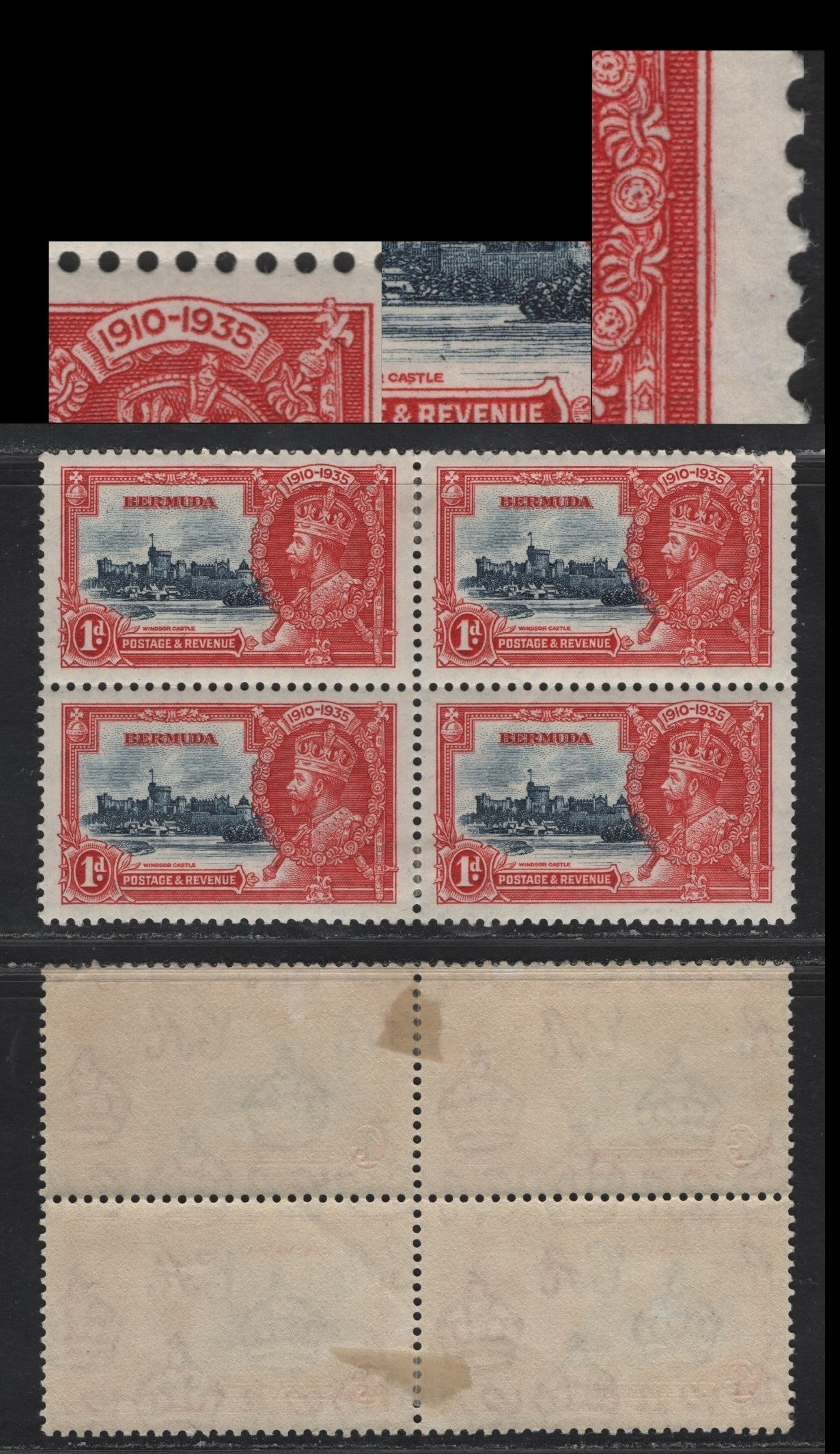 Lot 242 Bermuda SG#94var 1d Deep Dull Blue & Bright Scarlet Windsor Castle, 1935 Silver Jubilee Issue, A VFOG Block Of 4, Vertical Hairline Scratch In Right Margin, Constant, In Block Of 4 With Other Varieties