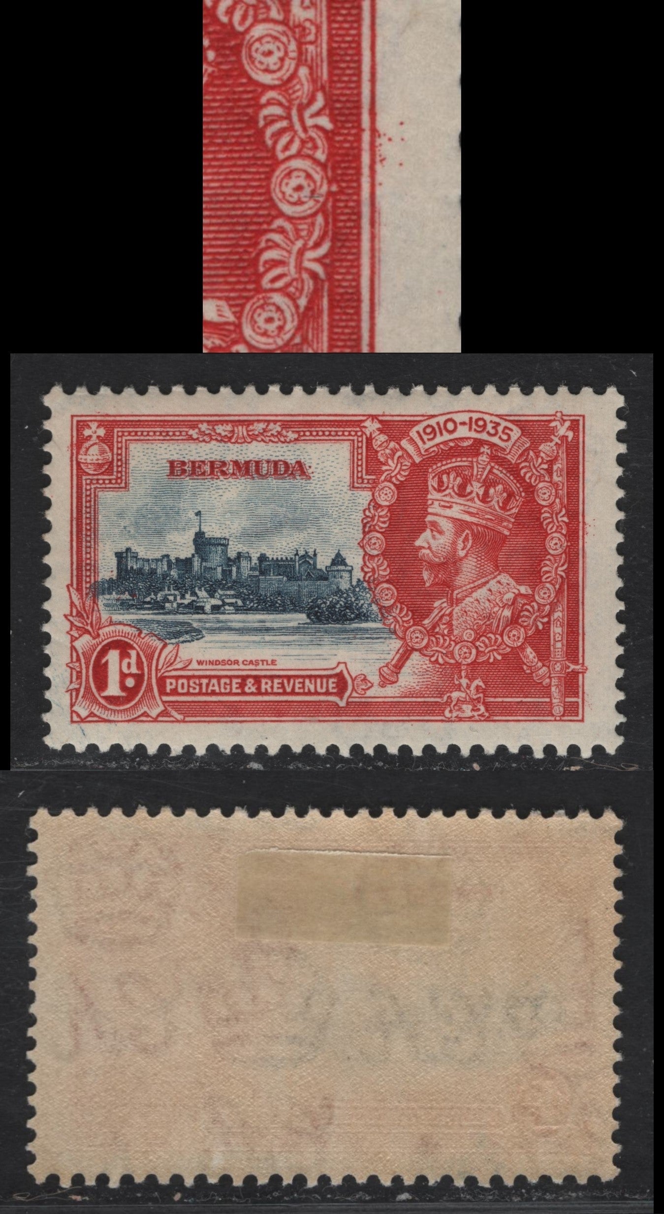 Lot 243 Bermuda SG#94var 1d Deep Gray Blue & Scarlet Windsor Castle, 1935 Silver Jubilee Issue, A VFOG Single, Vertical Hairline Scratch In Right Margin, Constant, As Lot 242 Has It In The Same Place