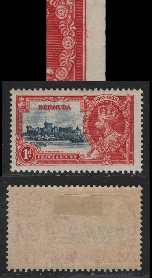 Lot 243 Bermuda SG#94var 1d Deep Gray Blue & Scarlet Windsor Castle, 1935 Silver Jubilee Issue, A VFOG Single, Vertical Hairline Scratch In Right Margin, Constant, As Lot 242 Has It In The Same Place
