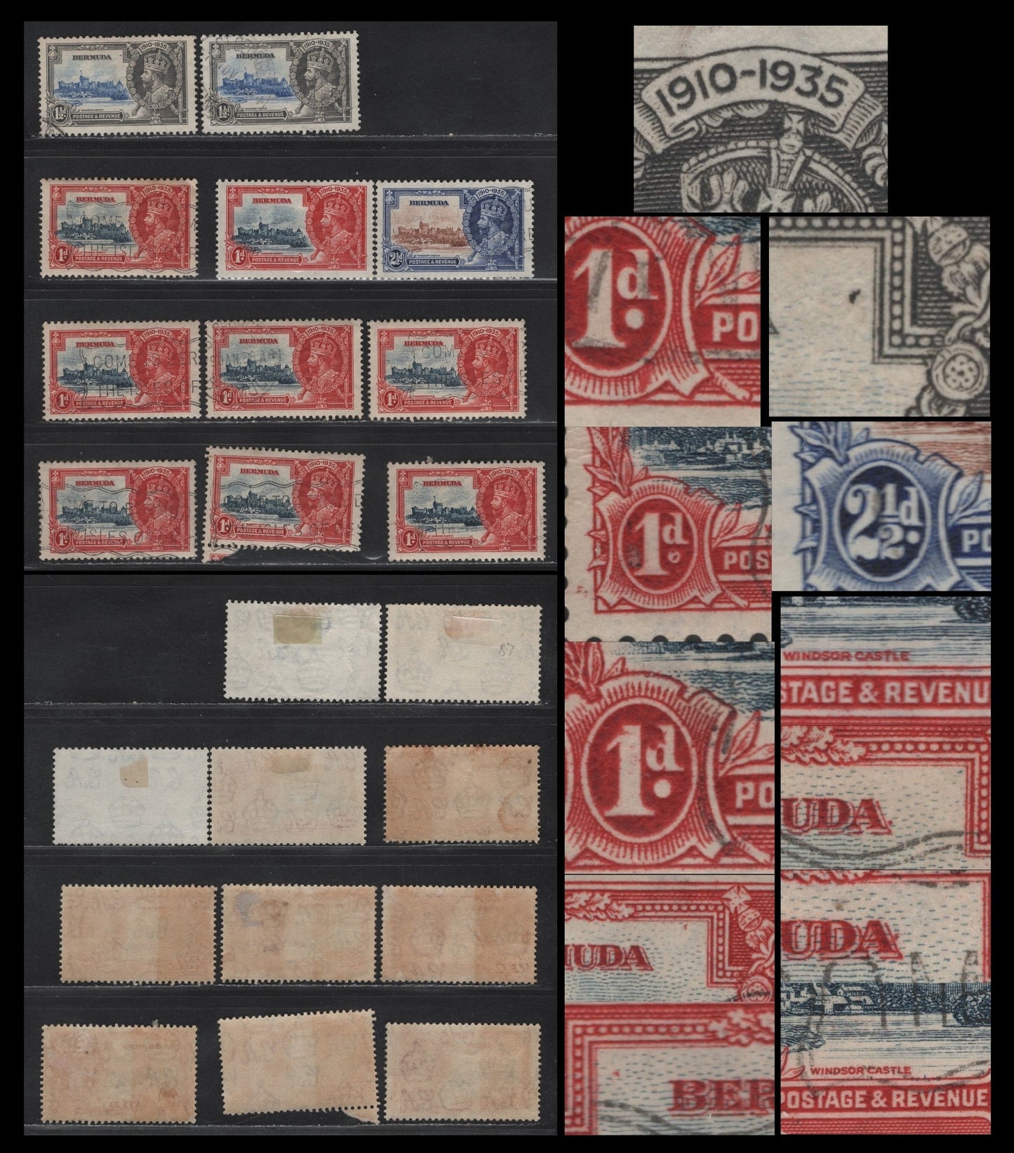 Lot 246 Bermuda SG#94-96var 1d - 2.5d Gray Blue & Scarlet - Yellow Brown & Deep Blue Windsor Castle, 1935 Silver Jubilee Issue, 10 Fine/Very Fine Used Singles, Constant & Non-Constant Plate Flaws Involving The Frame Plate