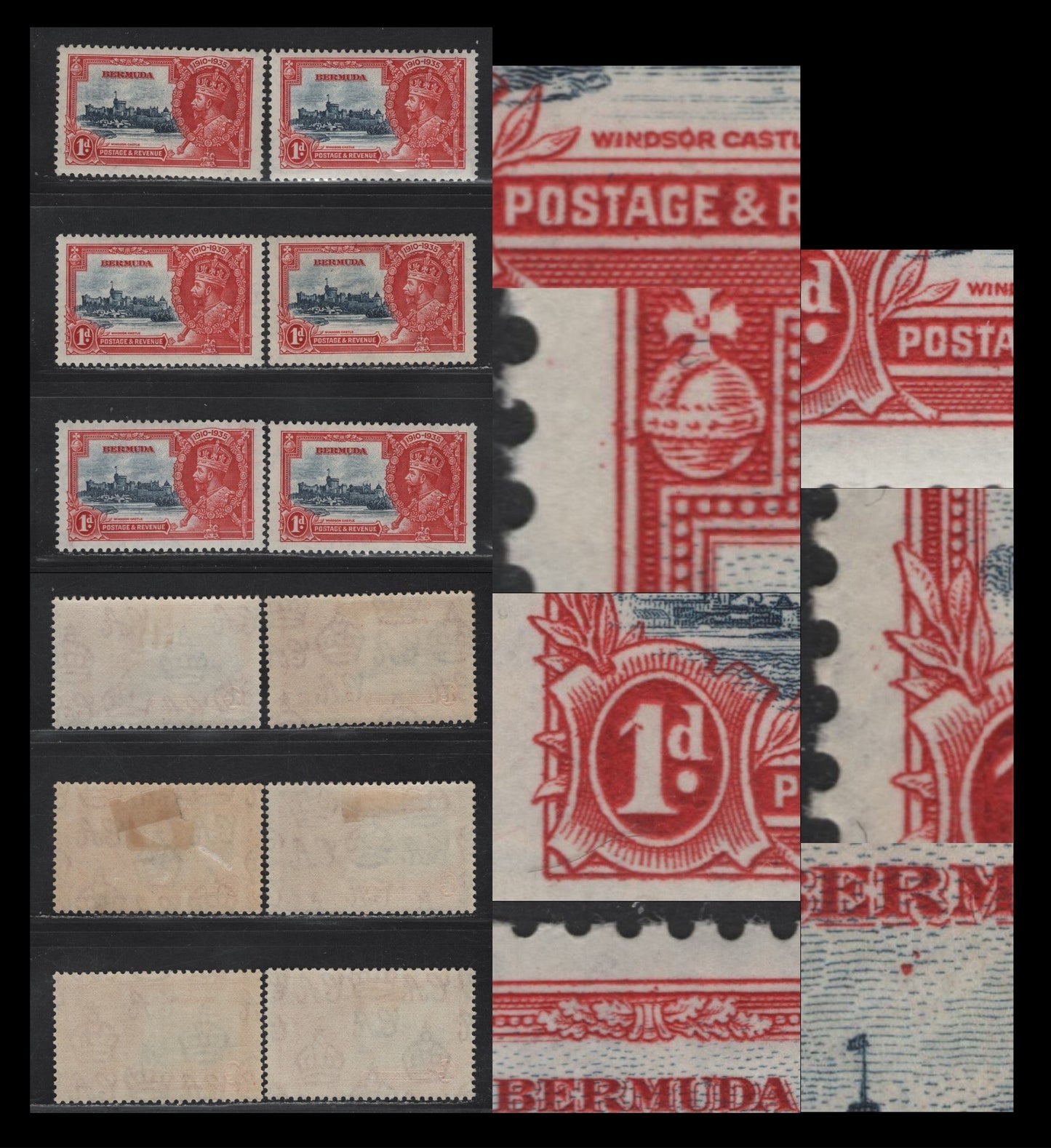 Lot 247 Bermuda SG#94var 1d Gray Blue & Scarlet Windsor Castle, 1935 Silver Jubilee Issue, 6 VFOG Singles, Plate Flaws Involving The Frame Plate